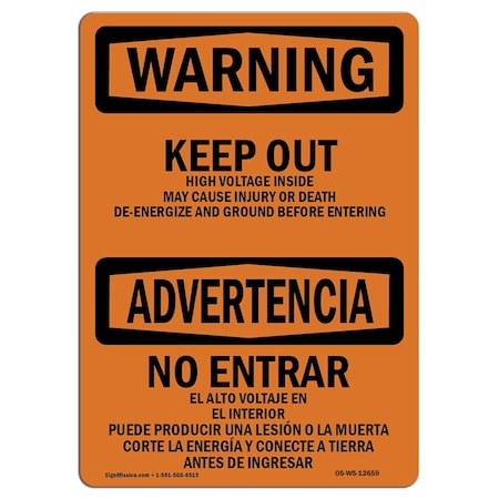 Signmission OSHA Warning Sign, 10" H, 14" W, Rigid Plastic, Keep Out Voltage Injury Death Bilingual, Landscape OS-WS-P-1014-L-12659